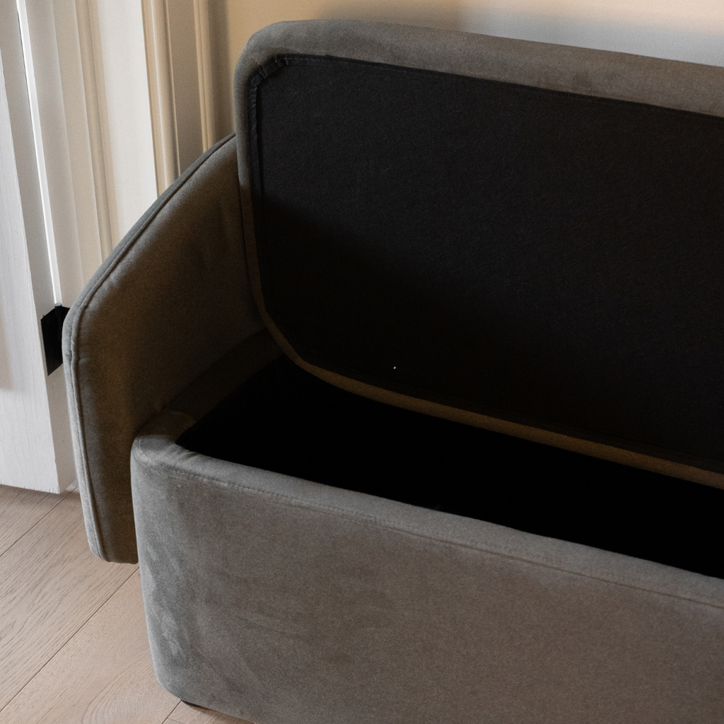 Banc de rangement capitonné en velours mat vert forêt – Couvercle amovible, cadre en bois