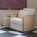 Pouf de rangement en bouclette perlée – Accents en cuir, couvercle plateau en bois, intérieur doublé