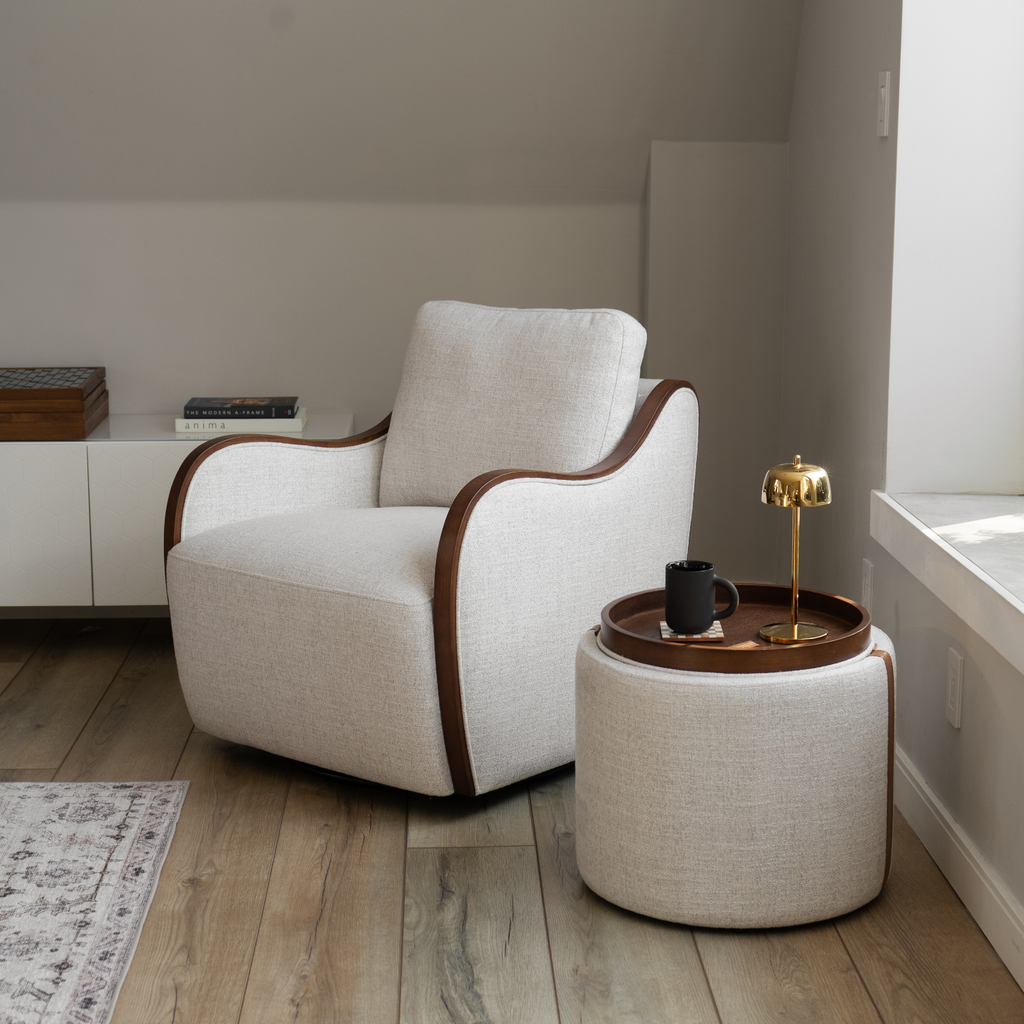 Pouf de rangement en tissu blé chaume – Accents en cuir, couvercle plateau en bois