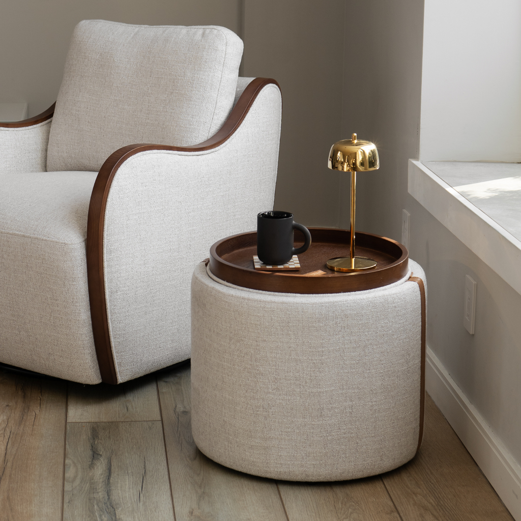 Pouf de rangement en tissu blé chaume – Accents en cuir, couvercle plateau en bois