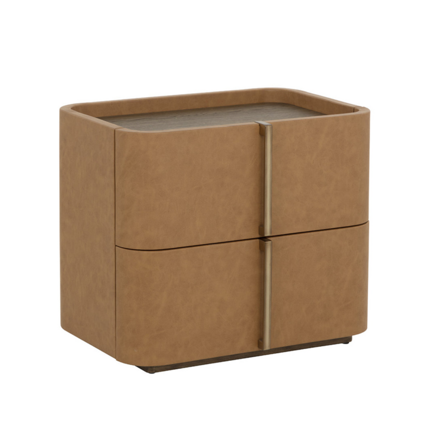 Table de chevet incurvée en similicuir cognac - Plateau en placage de chêne, 2 tiroirs, base en acacia