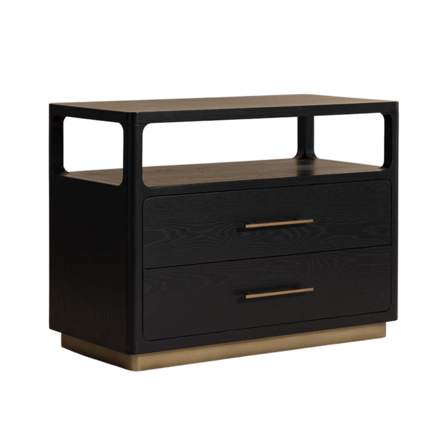 Table de chevet minimaliste en chêne noir - Étagère ouverte, 2 tiroirs à fermeture douce