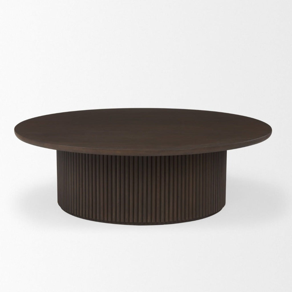 Table basse en bois de manguier massif brun expresso - Base cannelée, plateau relevable hydraulique