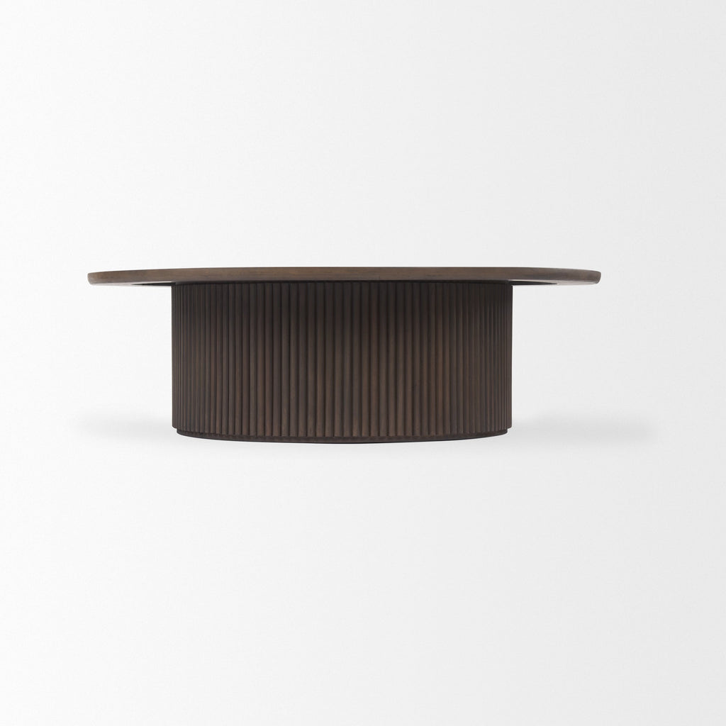 Table basse en bois de manguier massif brun expresso - Base cannelée, plateau relevable hydraulique