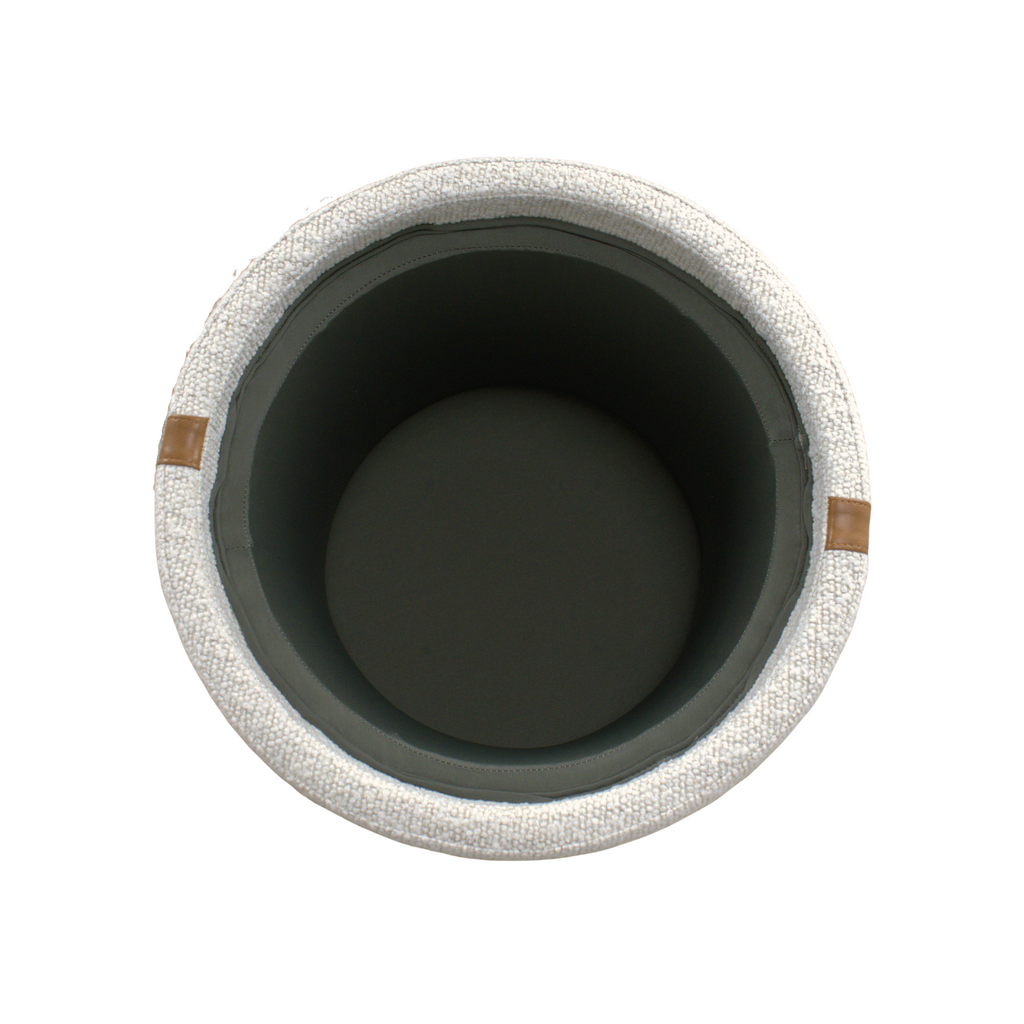 Pouf de rangement en bouclette perlée – Accents en cuir, couvercle plateau en bois, intérieur doublé