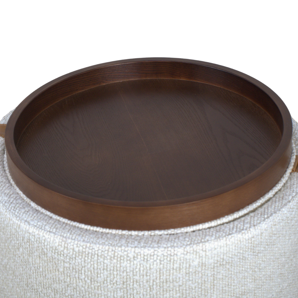 Pouf de rangement en bouclette perlée – Accents en cuir, couvercle plateau en bois, intérieur doublé