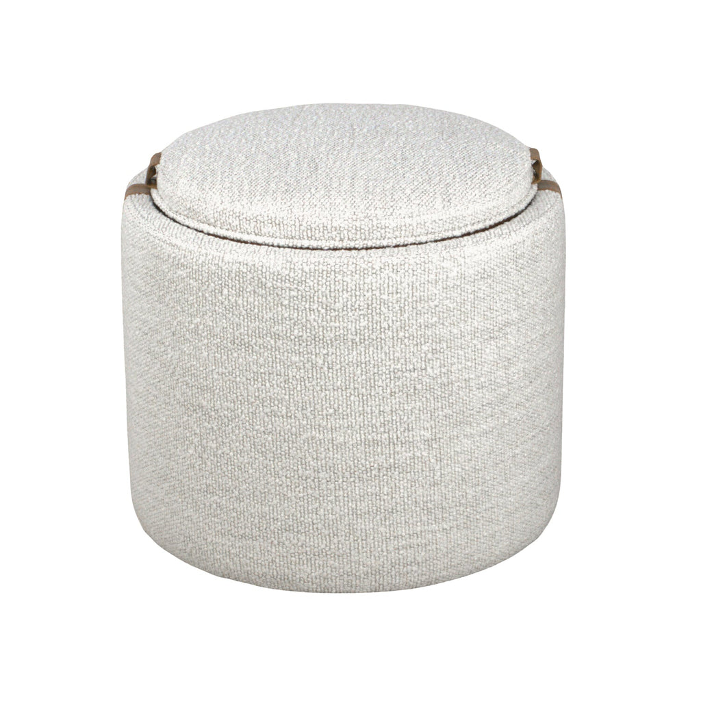 Pouf de rangement en bouclette perlée – Accents en cuir, couvercle plateau en bois, intérieur doublé