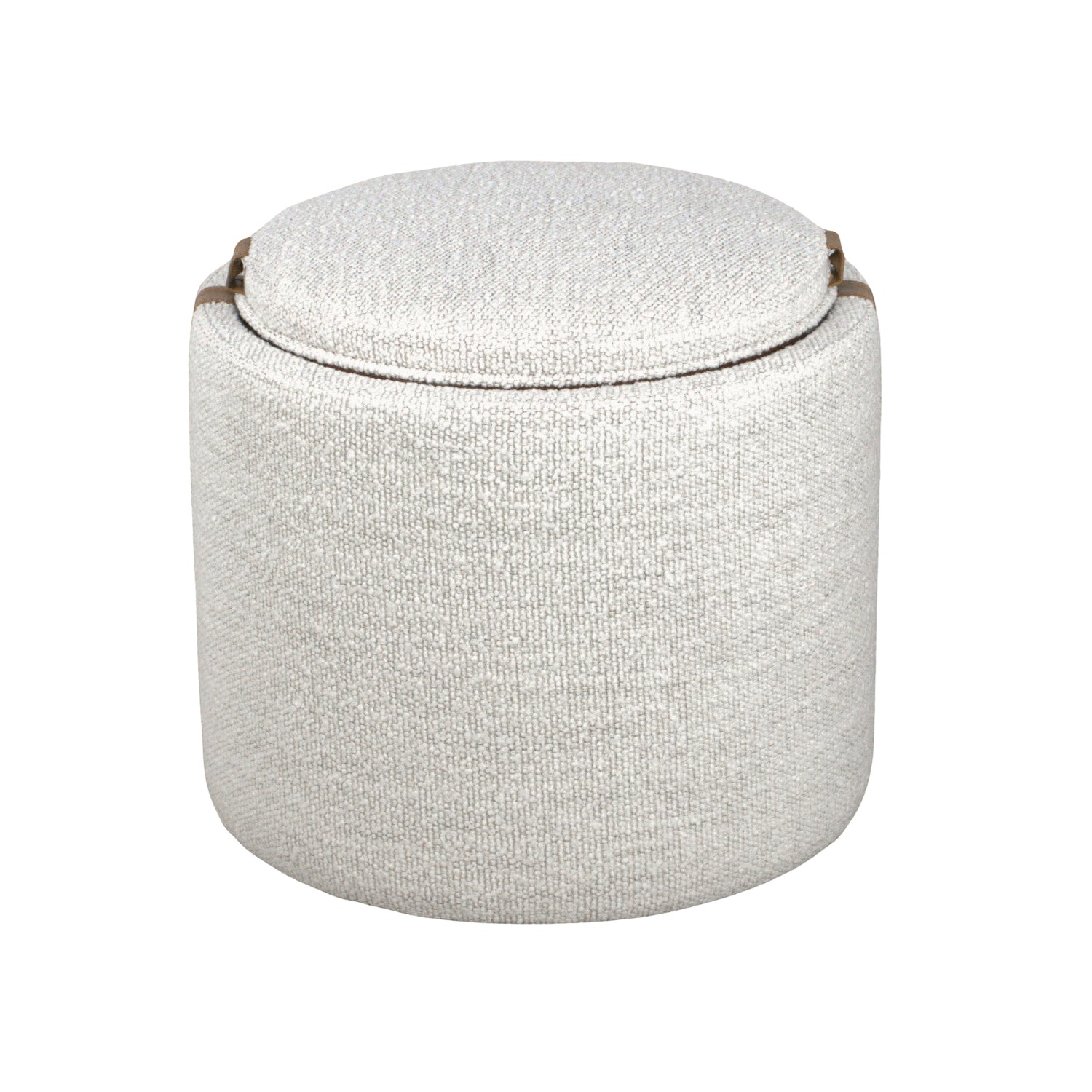 Pouf de rangement en bouclette perlée – Accents en cuir, couvercle plateau en bois, intérieur doublé