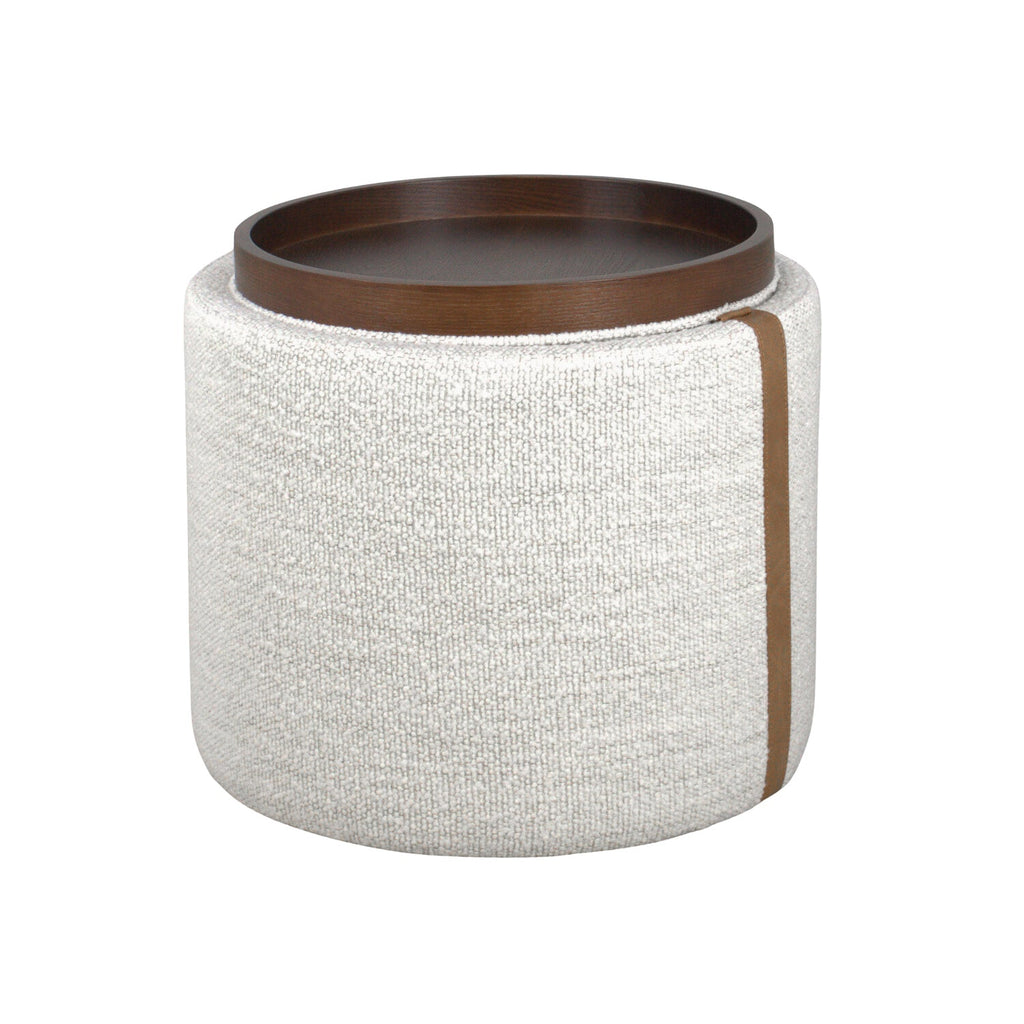 Pouf de rangement en bouclette perlée – Accents en cuir, couvercle plateau en bois, intérieur doublé