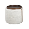 Pouf de rangement en bouclette perlée – Accents en cuir, couvercle plateau en bois, intérieur doublé