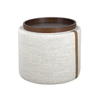 Pouf de rangement en bouclette perlée – Accents en cuir, couvercle plateau en bois, intérieur doublé