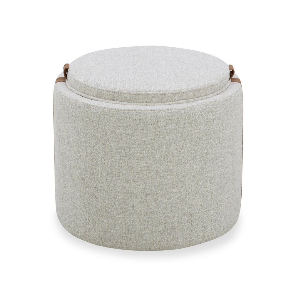 Pouf de rangement en tissu blé chaume – Accents en cuir, couvercle plateau en bois