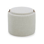 Pouf de rangement en tissu blé chaume – Accents en cuir, couvercle plateau en bois