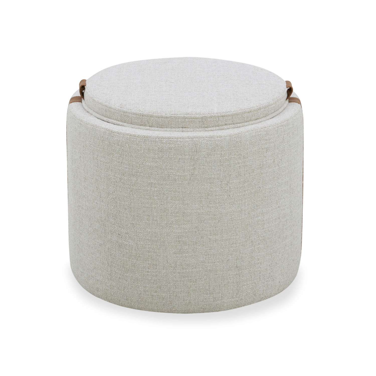 Pouf de rangement en tissu blé chaume – Accents en cuir, couvercle plateau en bois
