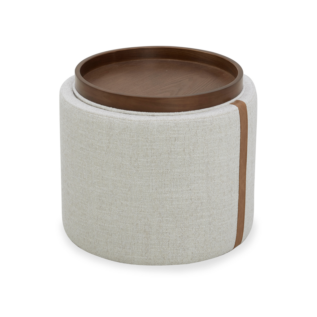 Pouf de rangement en tissu blé chaume – Accents en cuir, couvercle plateau en bois