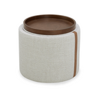 Pouf de rangement en tissu blé chaume – Accents en cuir, couvercle plateau en bois