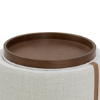 Pouf de rangement en tissu blé chaume – Accents en cuir, couvercle plateau en bois