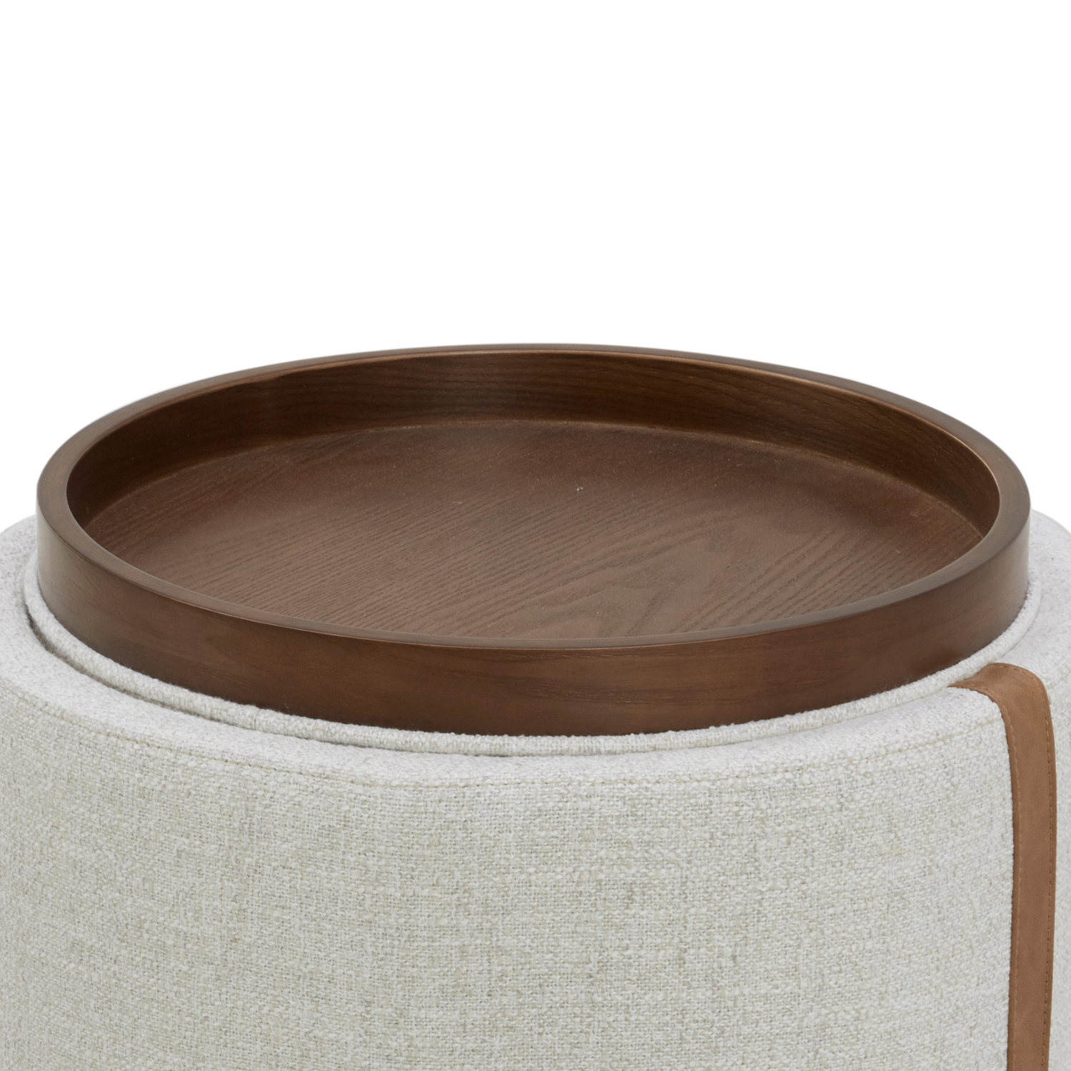 Pouf de rangement en tissu blé chaume – Accents en cuir, couvercle plateau en bois