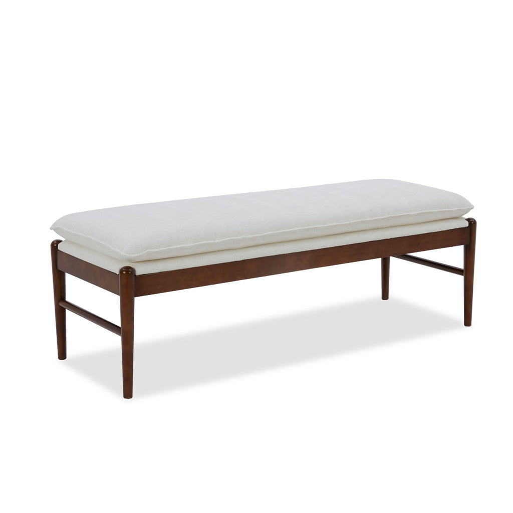 Banc rembourré en tissu haute performance Snow – Assise capitonnée, pieds en bois massif
