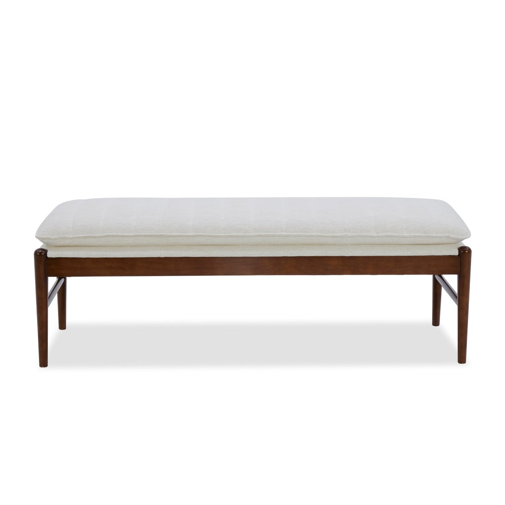 Banc rembourré en tissu haute performance Snow – Assise capitonnée, pieds en bois massif