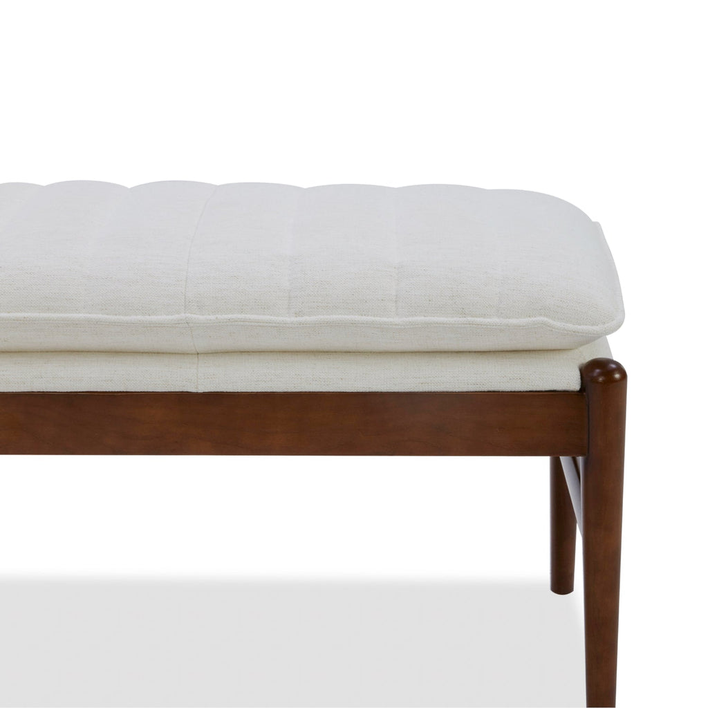 Banc rembourré en tissu haute performance Snow – Assise capitonnée, pieds en bois massif