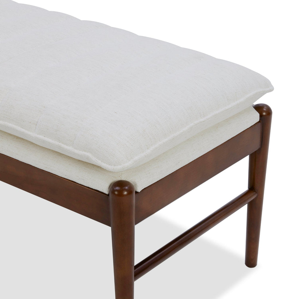 Banc rembourré en tissu haute performance Snow – Assise capitonnée, pieds en bois massif