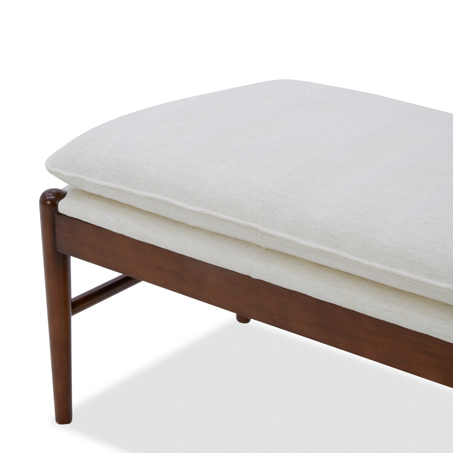 Banc rembourré en tissu haute performance Snow – Assise capitonnée, pieds en bois massif