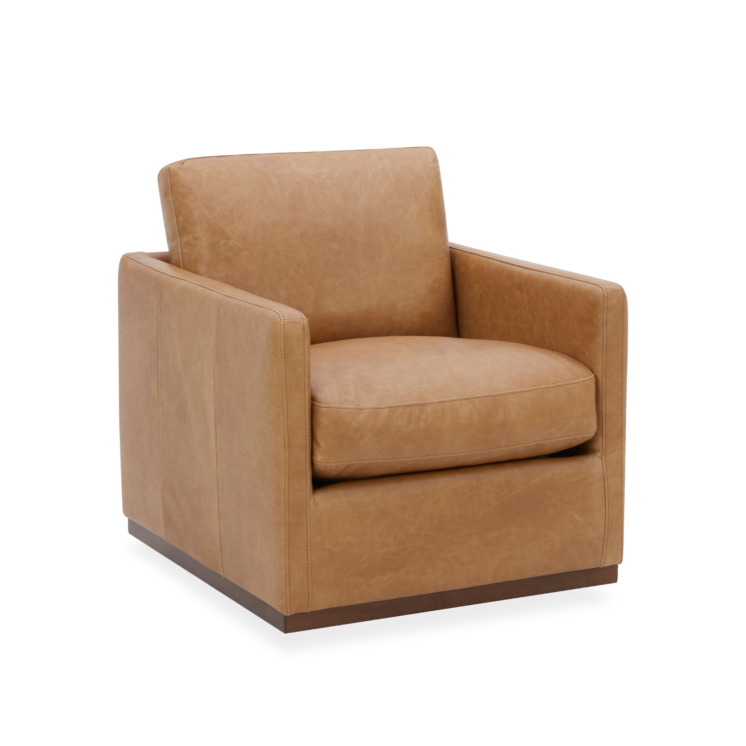 Fauteuil pivotant en cuir cognac vieilli – Accoudoirs plats, piètement noyer