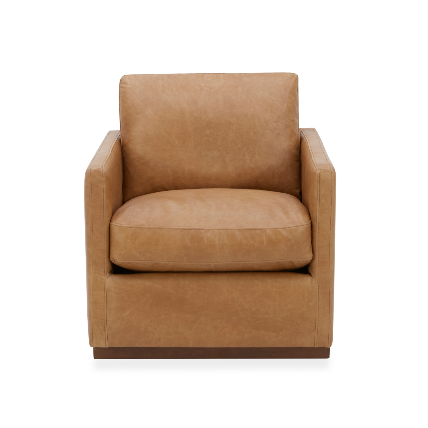 Fauteuil pivotant en cuir cognac vieilli – Accoudoirs plats, piètement noyer