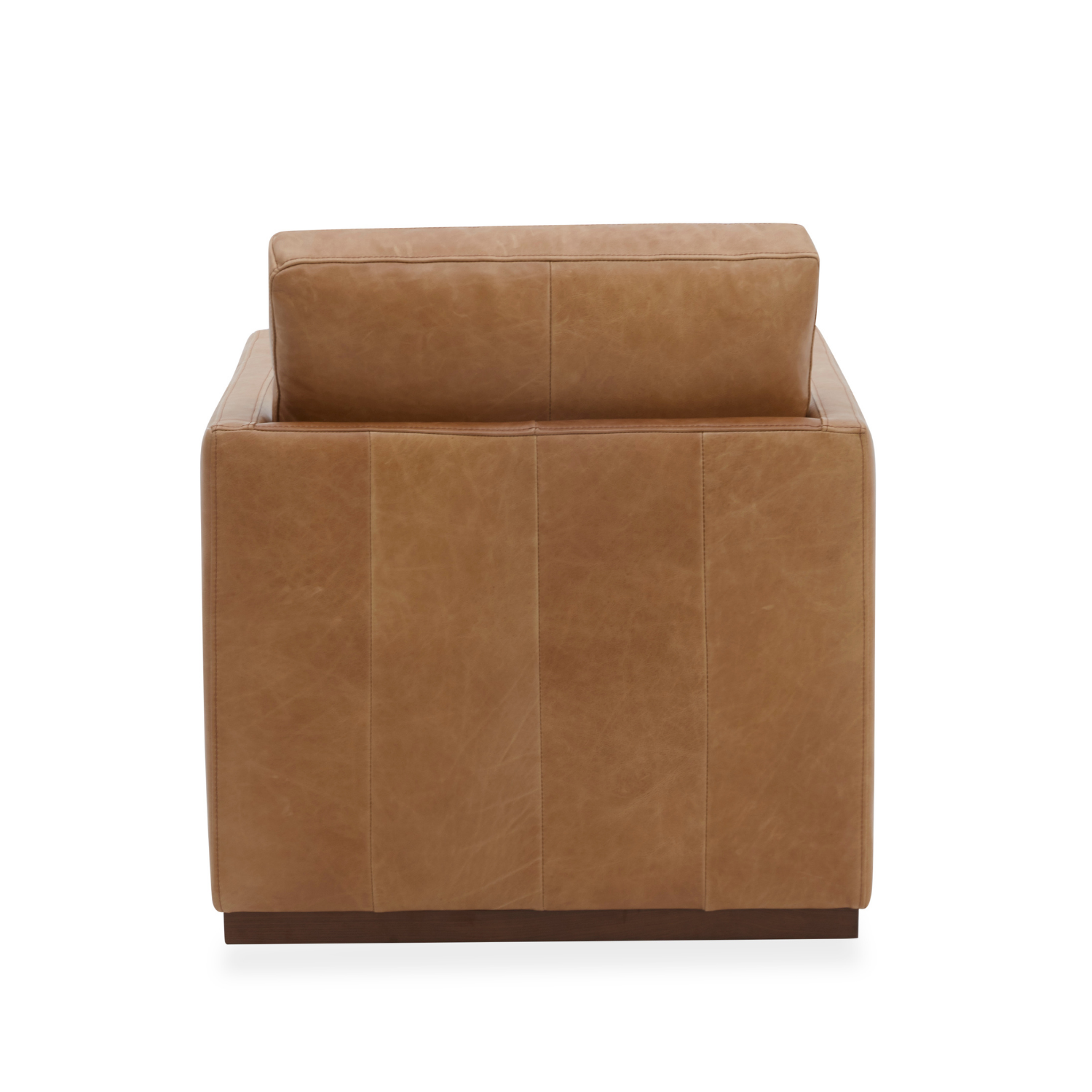 Fauteuil pivotant en cuir cognac vieilli – Accoudoirs plats, piètement noyer