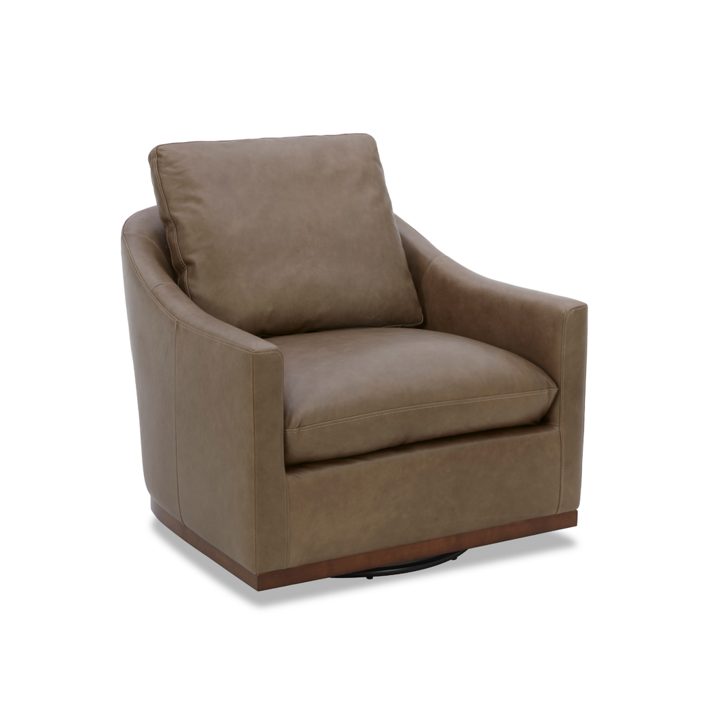 Fauteuil de salon pivotant en cuir étain - Silhouette incurvée, coussins ajustés