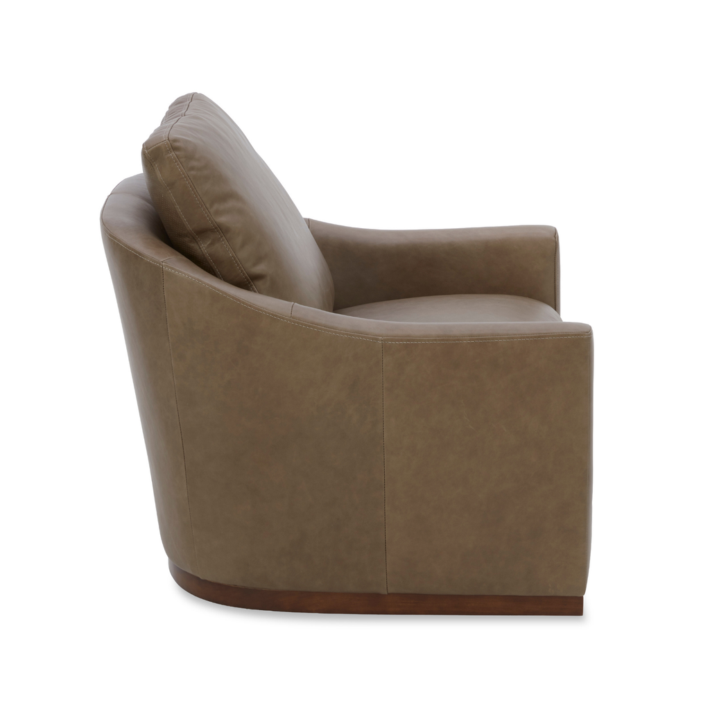Fauteuil de salon pivotant en cuir étain - Silhouette incurvée, coussins ajustés