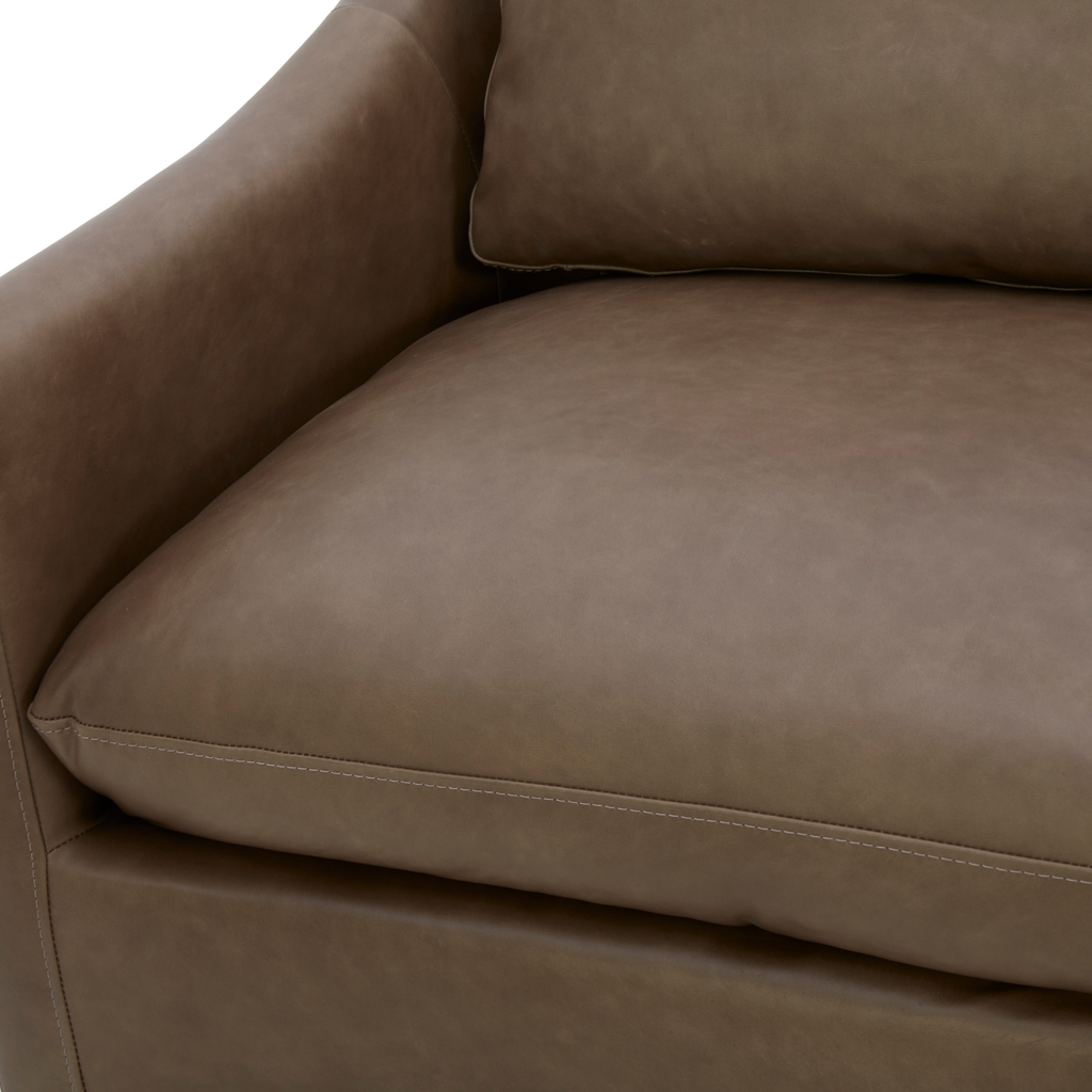 Fauteuil de salon pivotant en cuir étain - Silhouette incurvée, coussins ajustés