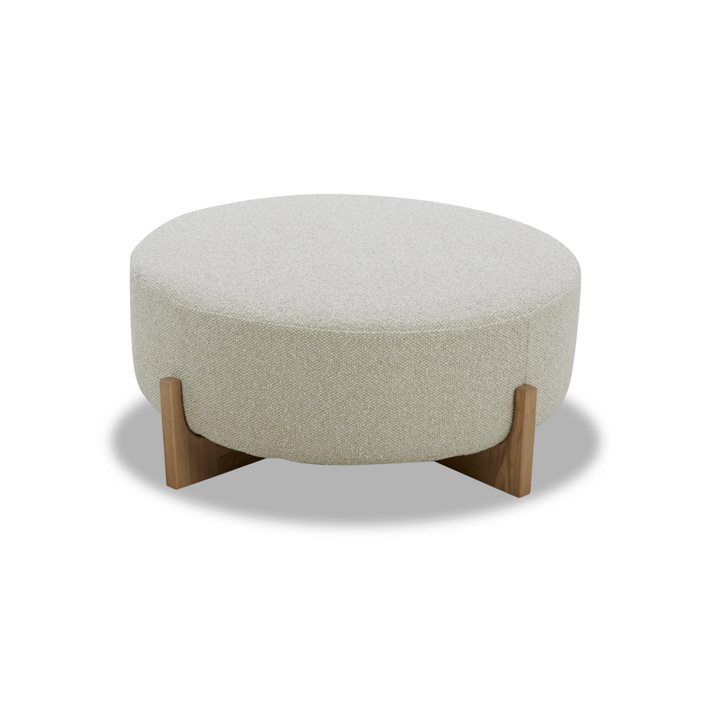 Pouf rond en polyester texturé lin - Base en bois clair, design scandinave