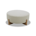 Pouf rond en polyester texturé lin - Base en bois clair, design scandinave