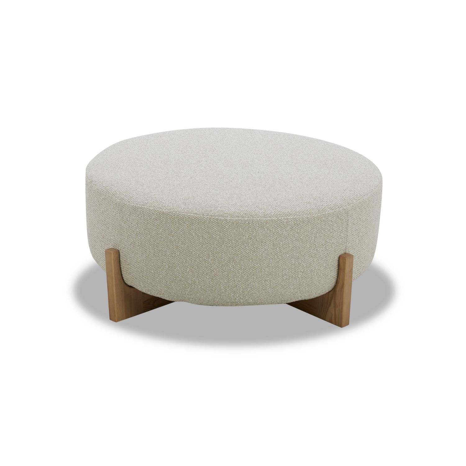 Pouf rond en polyester texturé lin - Base en bois clair, design scandinave