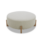 Pouf rond en polyester texturé lin - Base en bois clair, design scandinave