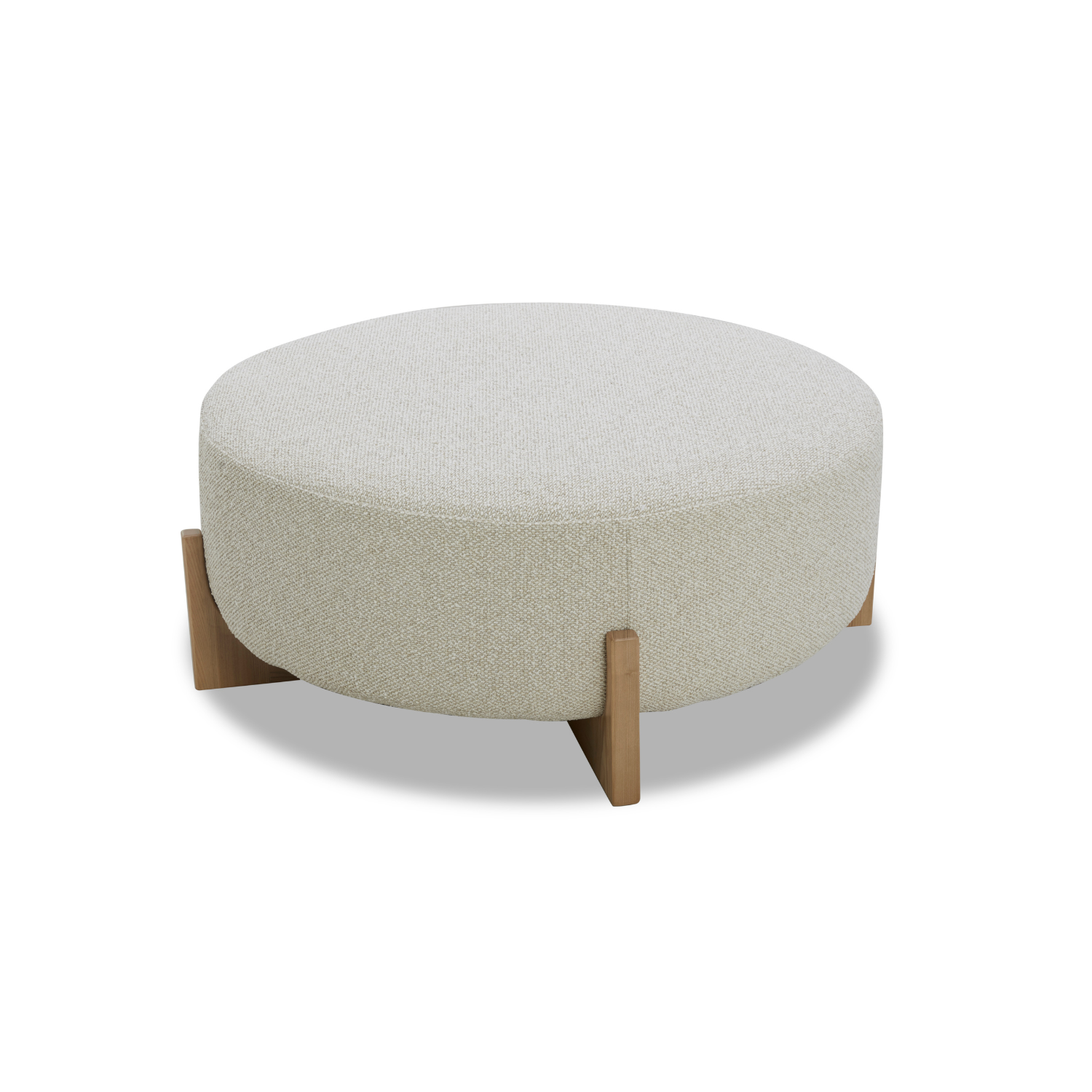 Pouf rond en polyester texturé lin - Base en bois clair, design scandinave
