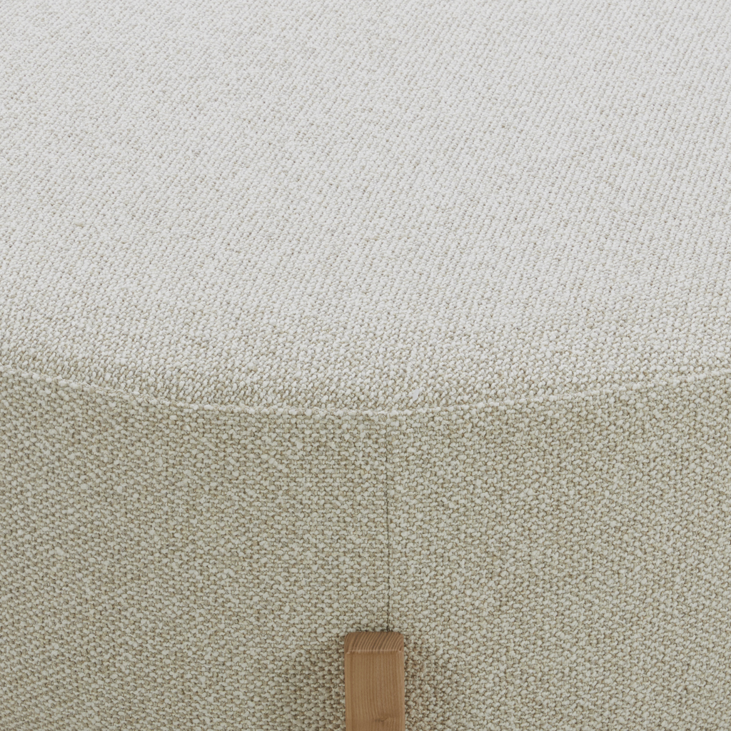 Pouf rond en polyester texturé lin - Base en bois clair, design scandinave