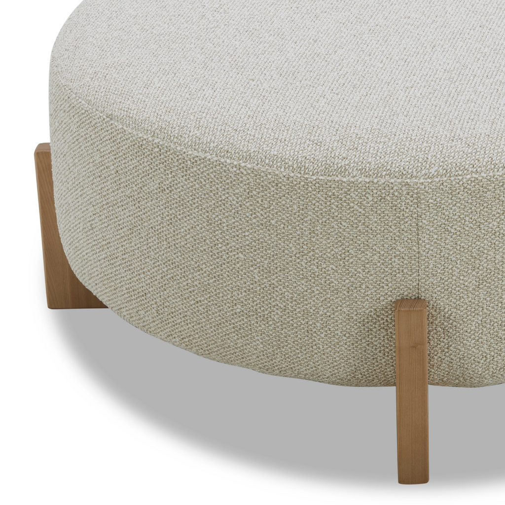Pouf rond en polyester texturé lin - Base en bois clair, design scandinave