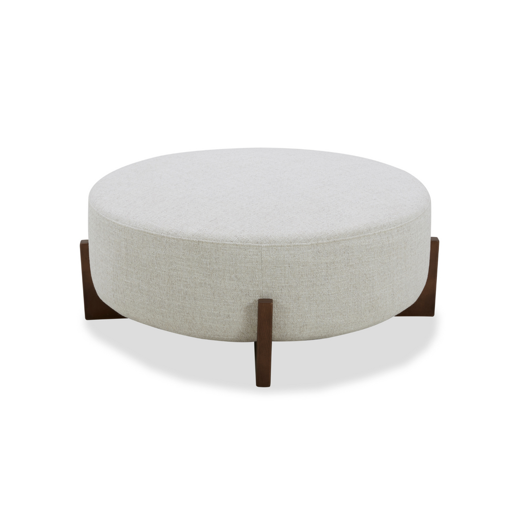 Pouf rond en polyester tissé couleur blé – Piètement en bois foncé, option table basse