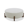 Pouf rond en polyester tissé couleur blé – Piètement en bois foncé, option table basse