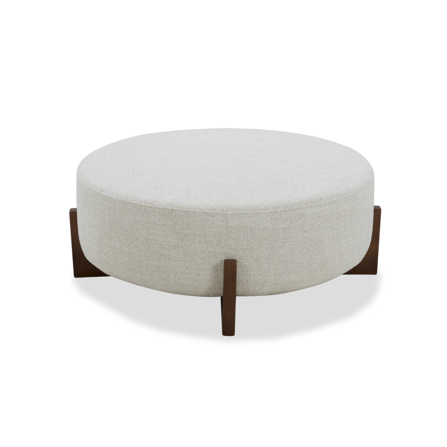 Pouf rond en polyester tissé couleur blé – Piètement en bois foncé, option table basse