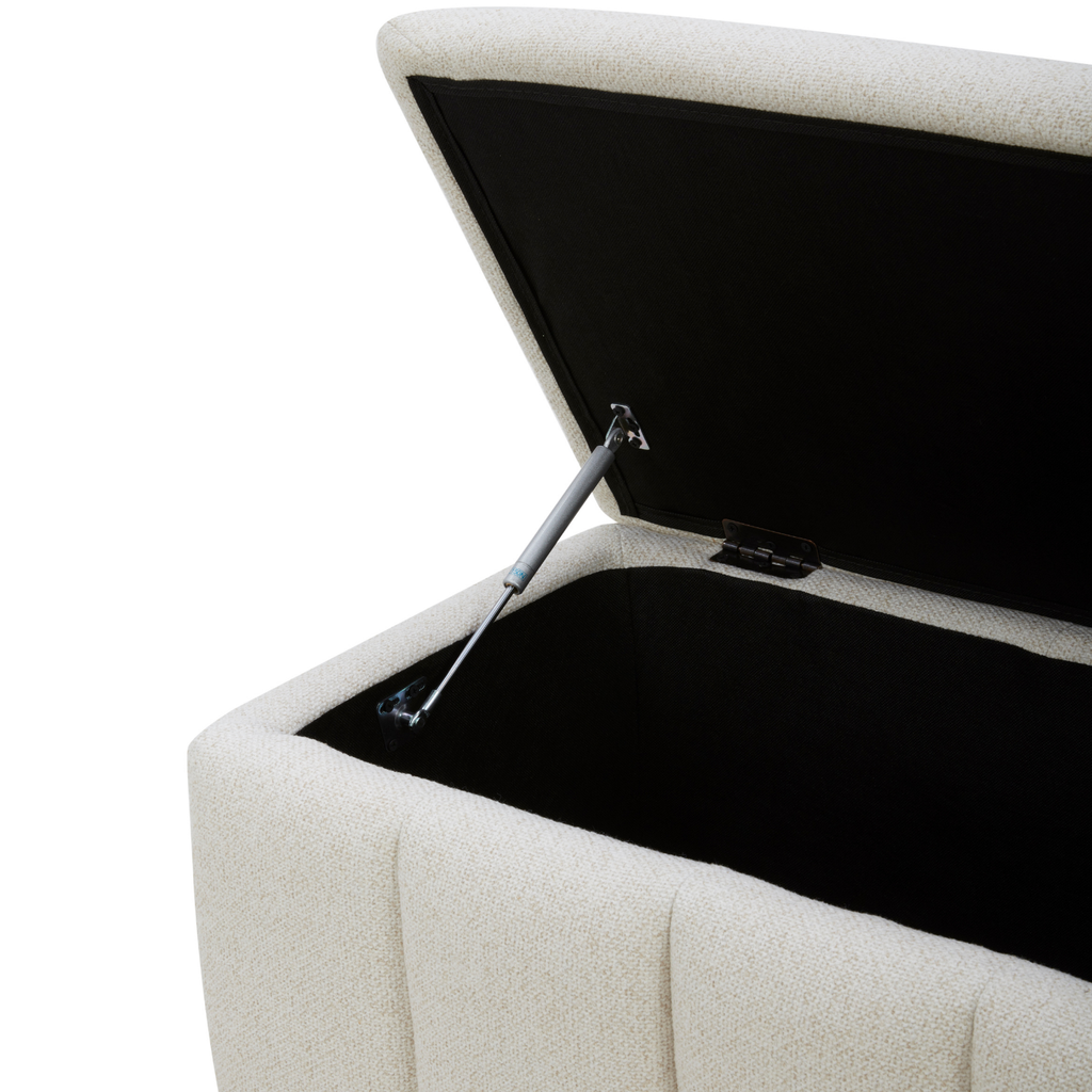 Banc de rangement capitonné en polyester tissé de lin – Couvercle hydraulique à fermeture en douceur