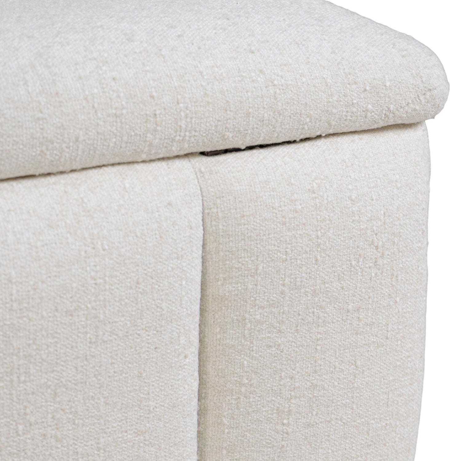 Banc de rangement capitonné en tissu ivoire - Bords arrondis, Rangement dissimulé