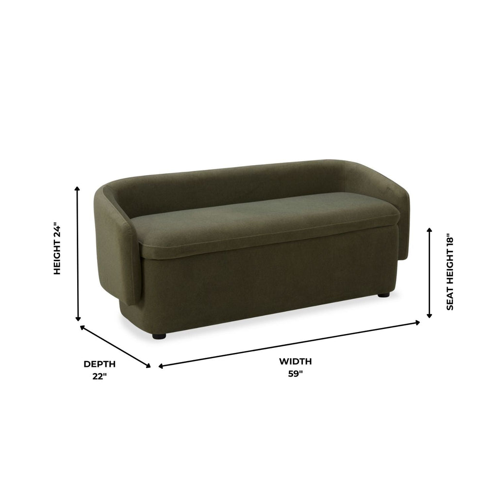 Banc de rangement capitonné en velours mat vert forêt – Couvercle amovible, cadre en bois