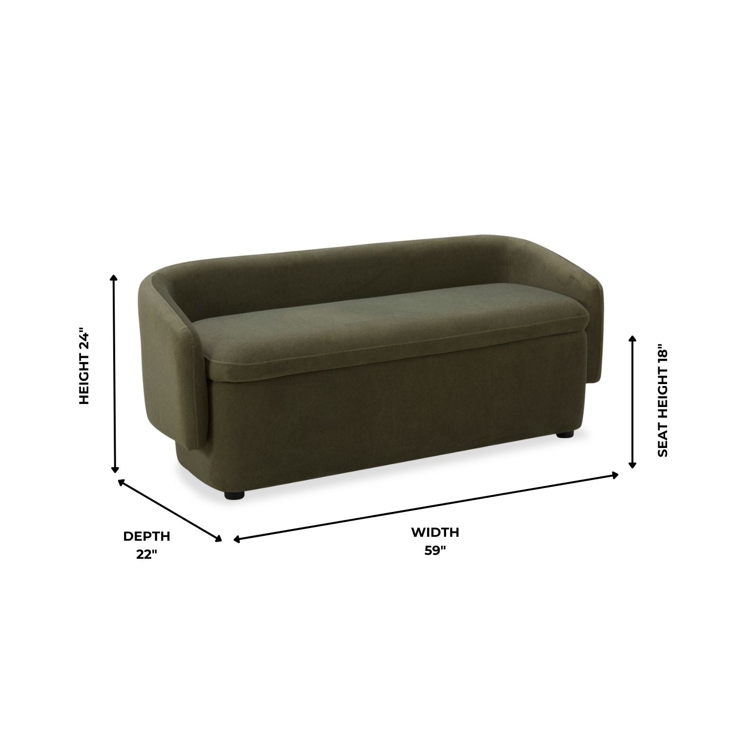 Banc de rangement capitonné en velours mat vert forêt – Couvercle amovible, cadre en bois
