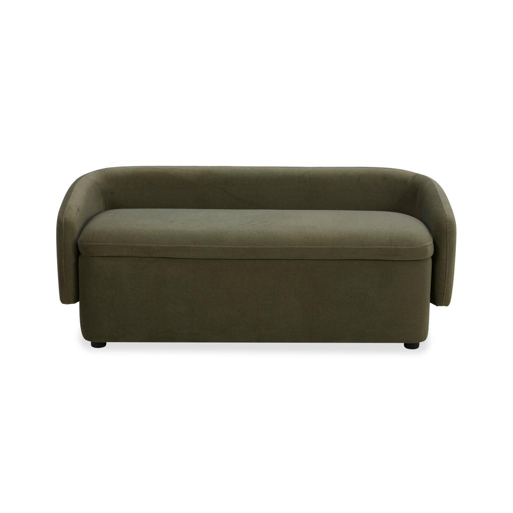 Banc de rangement capitonné en velours mat vert forêt – Couvercle amovible, cadre en bois