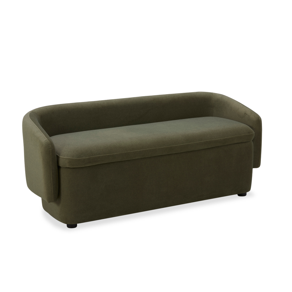 Banc de rangement capitonné en velours mat vert forêt – Couvercle amovible, cadre en bois