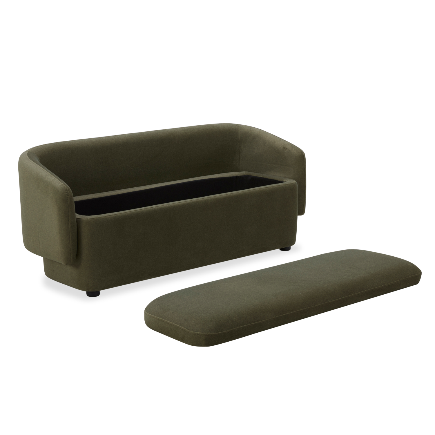 Banc de rangement capitonné en velours mat vert forêt – Couvercle amovible, cadre en bois